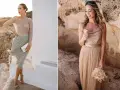 Zwei Frauen in eleganten Kleidern, bereit für die Hochzeit der Tochter. Eine trägt ein glitzerndes Oberteil und einen mintgrünen Tüllrock, die andere ein champagnerfarbenes Top und einen bodenlangen Tüllrock mit Brautstrauß.