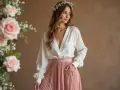 Elegant hochzeitsgast rock mit bluse hochzeit. Eine Frau mit Blumenkranz trägt eine weiße Bluse und einen rosafarbenen Faltenrock.