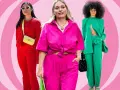Drei Frauen in leuchtenden Outfits: Rot mit gelber Tasche, Pink und Grün. Inspiration, welche farben passen zusammen kleidung.