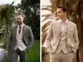 Zwei Männer in eleganten Anzügen, die den **dresscode gala** verkörpern. Einer trägt einen grauen Tweed-Anzug, der andere einen hellen Leinenanzug.