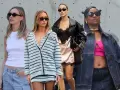 Vier Frauen im Stil der 90er Jahre: Denim-Look, Satin-Kleid mit Lederjacke, gestreifter Cardigan und Cargo-Shorts.
