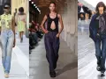 Drei Models präsentieren lässige Jeans-Looks. Eine trägt eine hellblaue, locker sitzende Jeans, die nächste eine dunkle, weite Jeans. Die dritte kombiniert eine dunkle Jeans mit einem auffälligen Strickmantel.