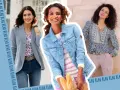 Drei Frauen präsentieren Outfits. Welche Farbe passt zu Blau? Hier sehen wir Jeans, Strickjacke und gemusterte Bluse, die alle mit Blau harmonieren.