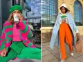 Zwei Frauen präsentieren mutige Outfits mit **color blocking**: eine in Pink und Grün, die andere in Hellblau und Orange.