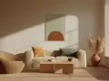 Ein Wohnzimmer, das zeigt, was bedeutet puristisch: Beige Couch, Korbsessel, Holztisch, dezente Deko, viel Licht.