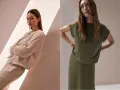 Zwei Frauen in eleganter Kleidung. Links eine Frau in einem beigen Leinenanzug, rechts eine Frau in einem grünen Kleid. Die monochrome Farbgestaltung unterstreicht die schlichte Eleganz.