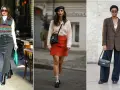 Drei Frauen im dark academia style: Strickweste über Rollkragen, Strickjacke mit Wildlederrock, karierter Blazer mit weiten Hosen.