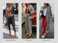 Drei Outfits im Athleisure Style: Mantel über Hoodie, karierter Blazer mit Hose und karierter Mantel mit roten Hosen.