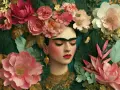 Frida Kahlo, umgeben von üppigen Blumen und Blättern, verkörpert ihren ikonischen, farbenfrohen Kleidungsstil.