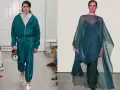 Ein Mann in einem petrolfarbenen Trainingsanzug und eine Frau in einem fließenden petrolfarbenen Kleid. Diese Farbe ist die Farbe des Jahres.