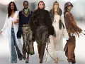 Fünf Models präsentieren Looks im typisch 70er Jahre Stil: Spitzenkimono, Schlaghosen, Ethno-Muster, Leder und Fransenjacken.