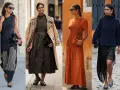 Vier Outfits im copenhagen style: Jeans mit Karomuster, olivgrünes Kleid mit Trenchcoat, orangefarbenes Maxikleid und schwarzer Rollkragenpullover mit Spitzenrock.
