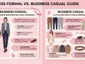 Geschäftliche Kleiderordnung: Formell vs. Lässig. Links: Anzüge, Blusen, Röcke. Rechts: Hosen, Hemden, Kleider, Schuhe.