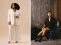 Zwei Frauen in eleganten Hosenanzügen, bereit für ein gala dinner. Eine in Weiß, die andere in Schwarz.