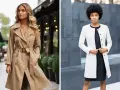 Zwei Frauen zeigen, wie man einen Trenchcoat kombiniert: eine in Beige mit Gürtel, die andere in Weiß über einem schwarzen Kleid.