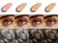 Vier Swatches von Make-up, vier Augen in verschiedenen Farben und vier Haartexturen, die die Vielfalt der sommertyp farben zeigen.