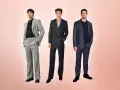 Drei Männer in eleganten Anzügen, die verschiedene Interpretationen des dresscode herren zeigen.