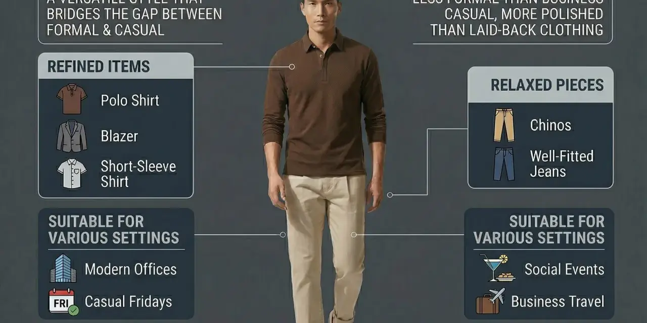 Mann im braunen Polohemd und beigen Chinos, perfekt für den dresscode casual. Zeigt eine Mischung aus raffinierten und entspannten Kleidungsstücken.