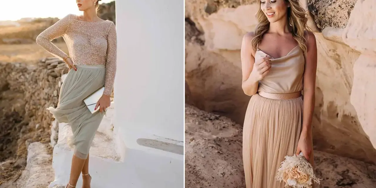 Zwei Frauen in eleganten Kleidern, bereit für die Hochzeit der Tochter. Eine trägt ein glitzerndes Oberteil und einen mintgrünen Tüllrock, die andere ein champagnerfarbenes Top und einen bodenlangen Tüllrock mit Brautstrauß.