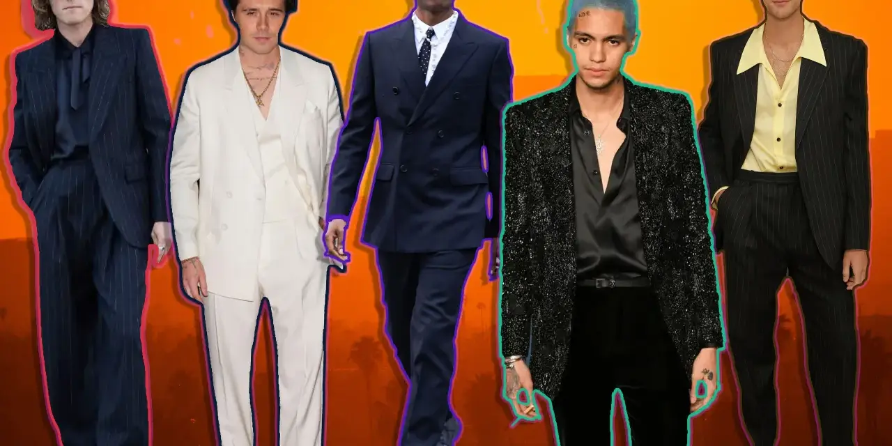 Fünf Männer in schicken Anzügen, die den dresscode cocktail perfekt umsetzen. Von klassisch bis extravagant ist alles dabei.