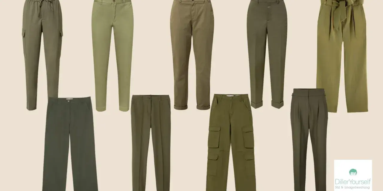 Verschiedene Hosen in Khaki-Tönen. Welche Farbe passt zu Khaki? Hier sehen Sie Beispiele von Hosen in Olivgrün, Hellgrün und Braun.