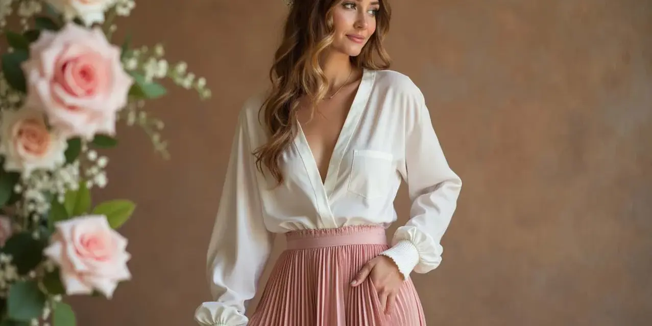 Elegant hochzeitsgast rock mit bluse hochzeit. Eine Frau mit Blumenkranz trägt eine weiße Bluse und einen rosafarbenen Faltenrock.