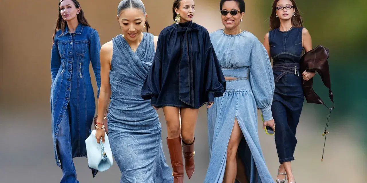 Fünf Frauen präsentieren verschiedene Wege, ein Jeanskleid zu kombinieren: von lässig bis elegant.