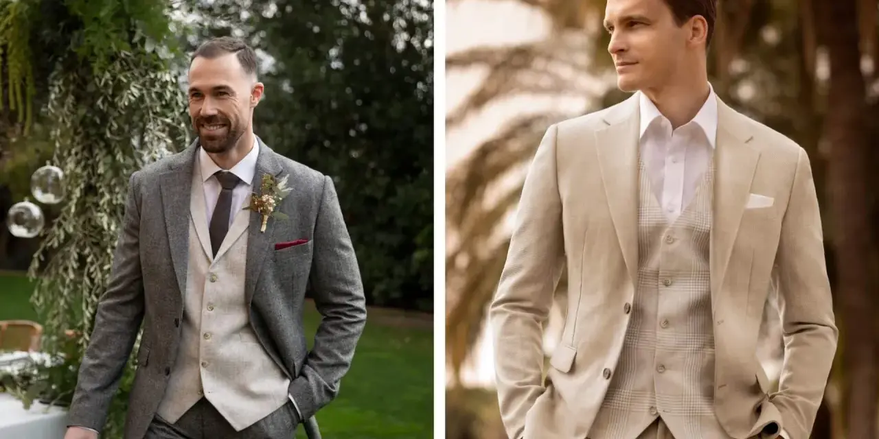 Zwei Männer in eleganten Anzügen, die den **dresscode gala** verkörpern. Einer trägt einen grauen Tweed-Anzug, der andere einen hellen Leinenanzug.