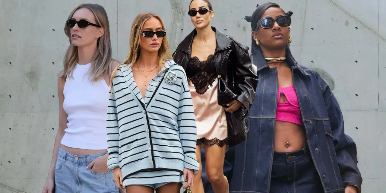 Vier Frauen im Stil der 90er Jahre: Denim-Look, Satin-Kleid mit Lederjacke, gestreifter Cardigan und Cargo-Shorts.