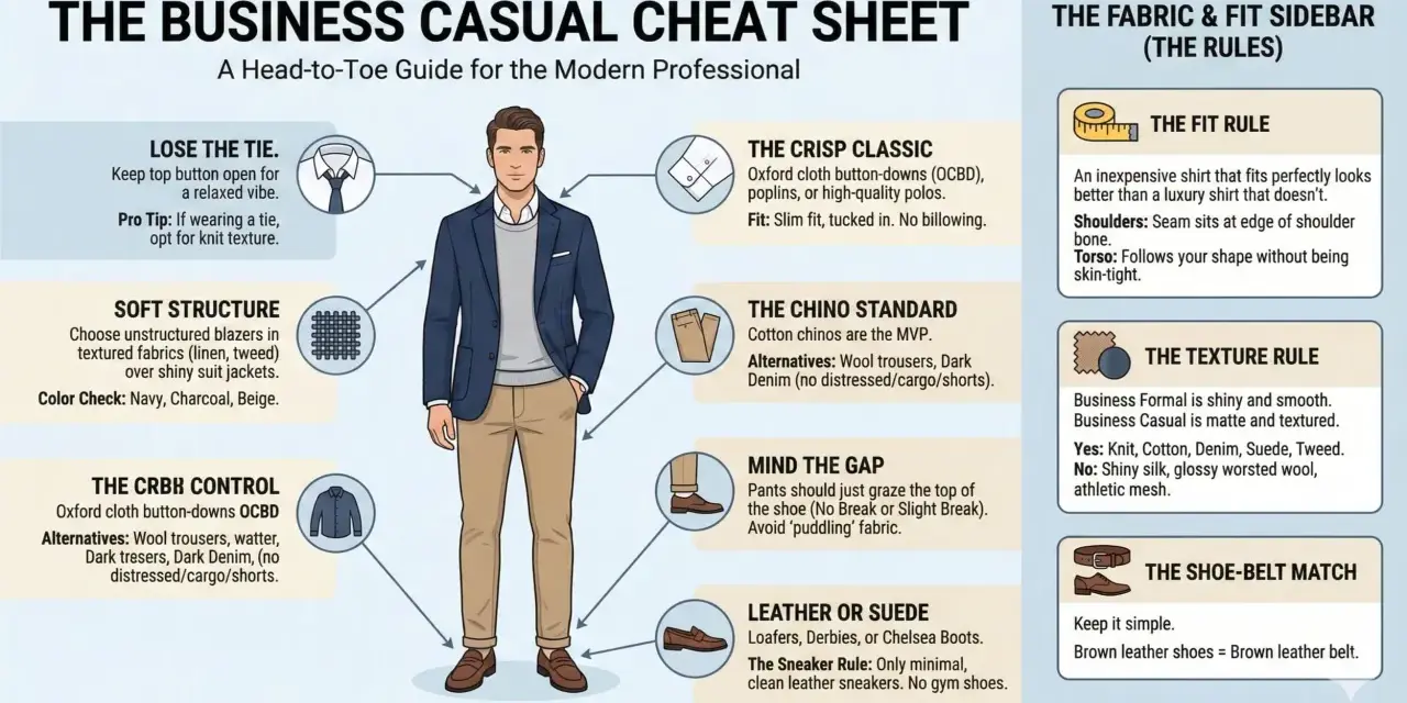 Mann im **business casual** Outfit: dunkelblaues Sakko, grauer Pullover, Khaki-Chinos, braune Loafer. Tipps für den perfekten Look.