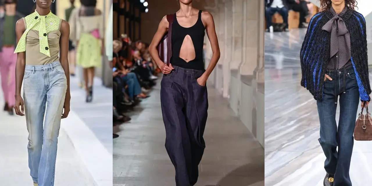 Drei Models präsentieren lässige Jeans-Looks. Eine trägt eine hellblaue, locker sitzende Jeans, die nächste eine dunkle, weite Jeans. Die dritte kombiniert eine dunkle Jeans mit einem auffälligen Strickmantel.