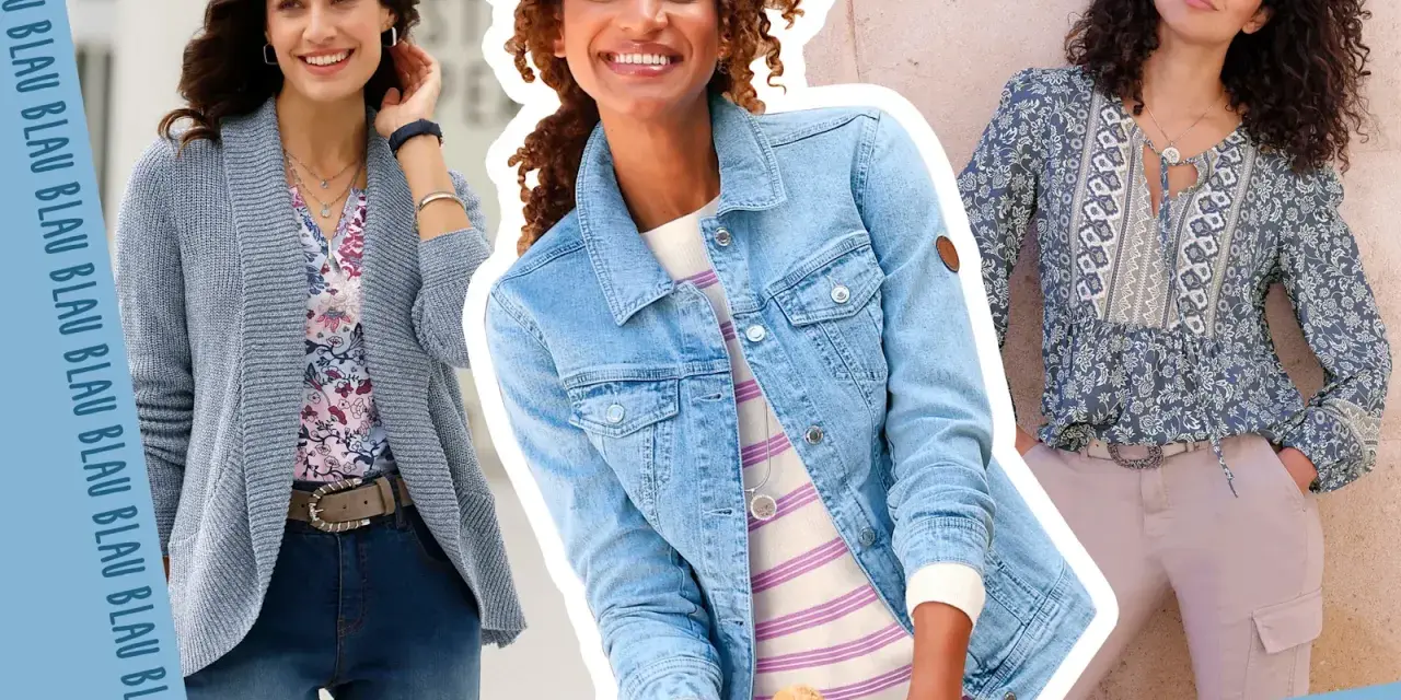 Drei Frauen präsentieren Outfits. Welche Farbe passt zu Blau? Hier sehen wir Jeans, Strickjacke und gemusterte Bluse, die alle mit Blau harmonieren.