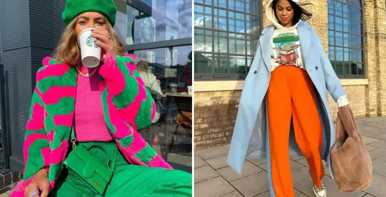 Zwei Frauen präsentieren mutige Outfits mit **color blocking**: eine in Pink und Grün, die andere in Hellblau und Orange.