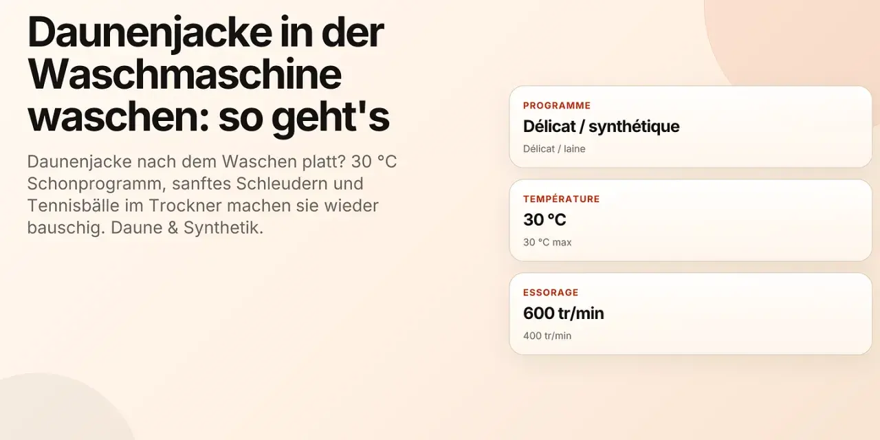 Anleitung: Daunenjacke in der Waschmaschine waschen. Schonprogramm, 30°C, sanftes Schleudern. Tennisbälle im Trockner machen sie wieder bauschig.