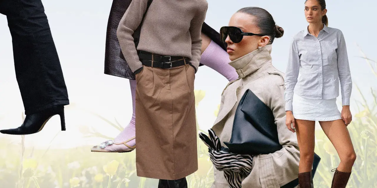 Modische Damen-Outfits für eine Capsule Wardrobe: Trenchcoat, Rock, Hose, Hemd und Accessoires vor blumiger Wiese.