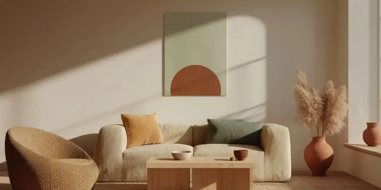 Ein Wohnzimmer, das zeigt, was bedeutet puristisch: Beige Couch, Korbsessel, Holztisch, dezente Deko, viel Licht.