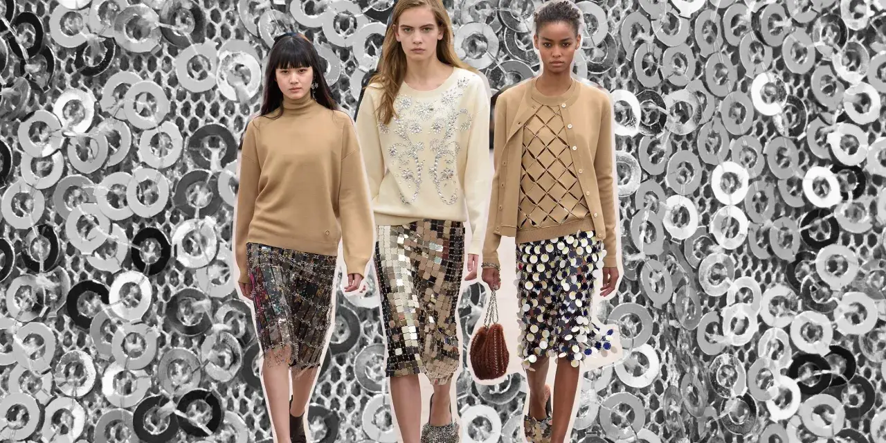 Drei Models zeigen, wie man einen pailletten rock kombiniert: mit Strickpullover, Cardigan oder Rollkragen.