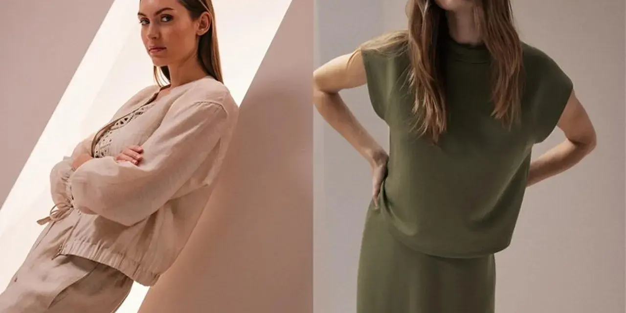 Zwei Frauen in eleganter Kleidung. Links eine Frau in einem beigen Leinenanzug, rechts eine Frau in einem grünen Kleid. Die monochrome Farbgestaltung unterstreicht die schlichte Eleganz.