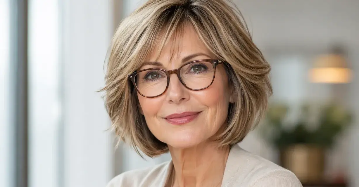 Eine Frau mit einem stufig fransigen Bob, gestuft ab 50, trägt eine Brille und lächelt sanft.