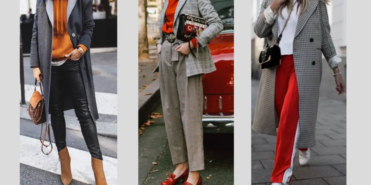 Drei Outfits im Athleisure Style: Mantel über Hoodie, karierter Blazer mit Hose und karierter Mantel mit roten Hosen.