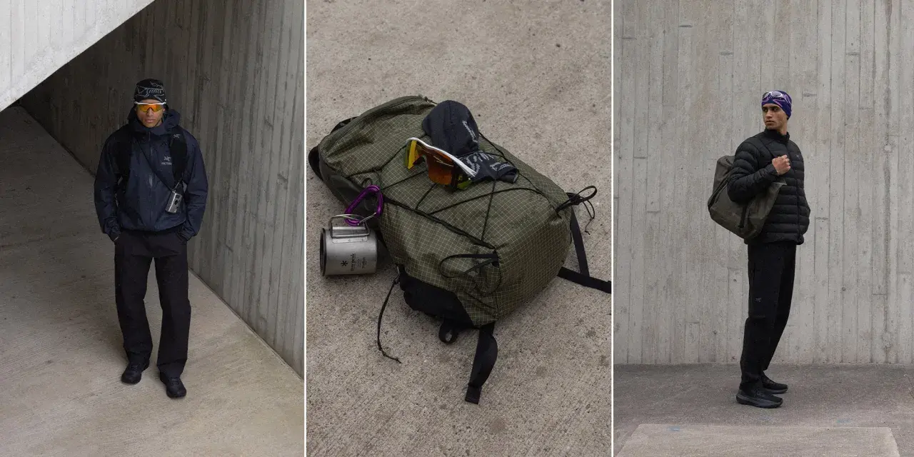 Gorpcore-Style: Männer in funktionaler Outdoor-Kleidung, Rucksack mit Ausrüstung, bereit für jedes Abenteuer.