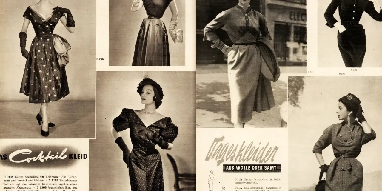Mode in den 50er Jahren: elegante Kleider, von Abendmode bis Tageskleidern, mit Hüten und Handschuhen.