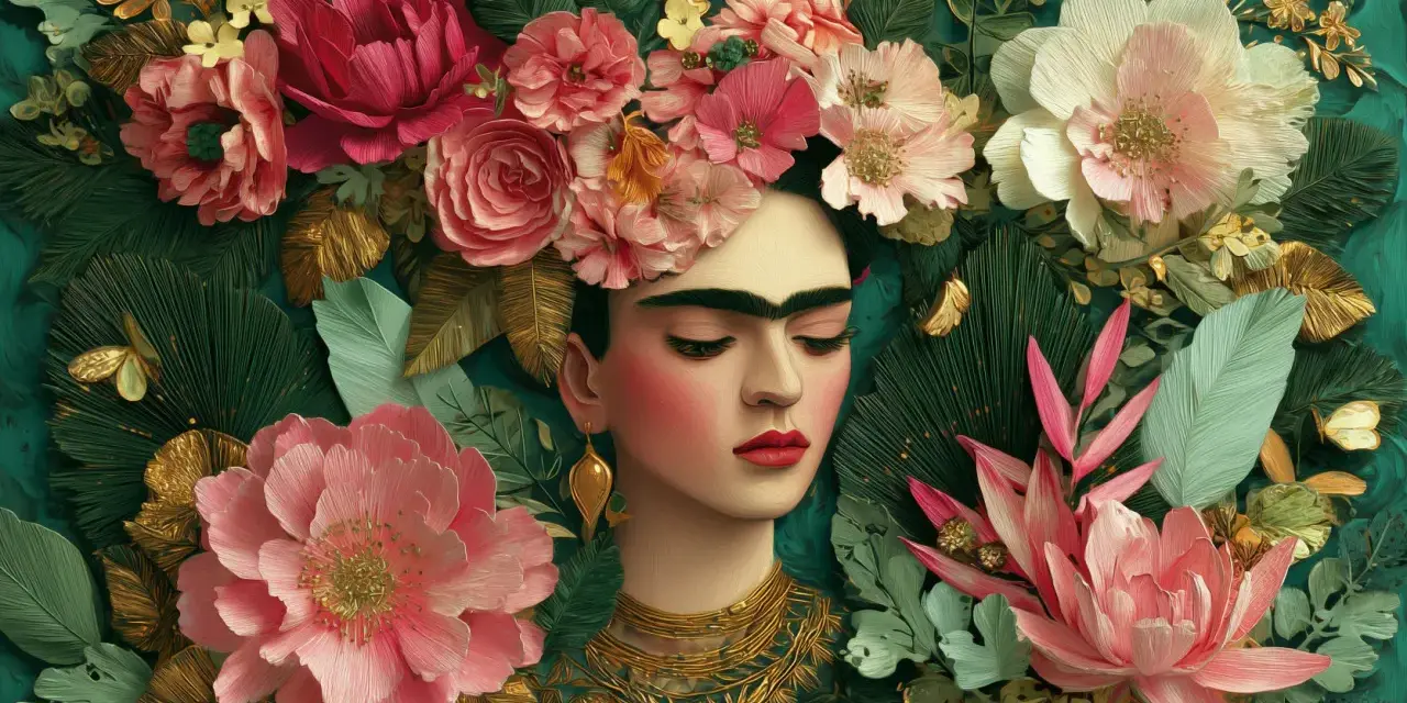 Frida Kahlo, umgeben von üppigen Blumen und Blättern, verkörpert ihren ikonischen, farbenfrohen Kleidungsstil.