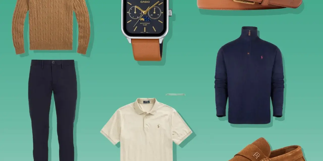 Hochwertige Kleidung im "old money style": Strickpullover, Chino-Hose, Polo-Shirt, Sakko, Ledergürtel, Uhr und Mokassins.