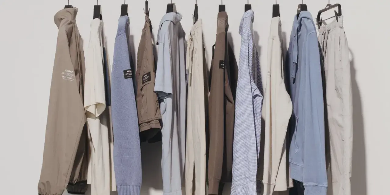 Eine Reihe von Kleidungsstücken, darunter Jacken, Pullover und Hosen, hängen an Kleiderbügeln. Diese zeitlose Kleidung in gedeckten Farben strahlt Komfort und Stil aus.