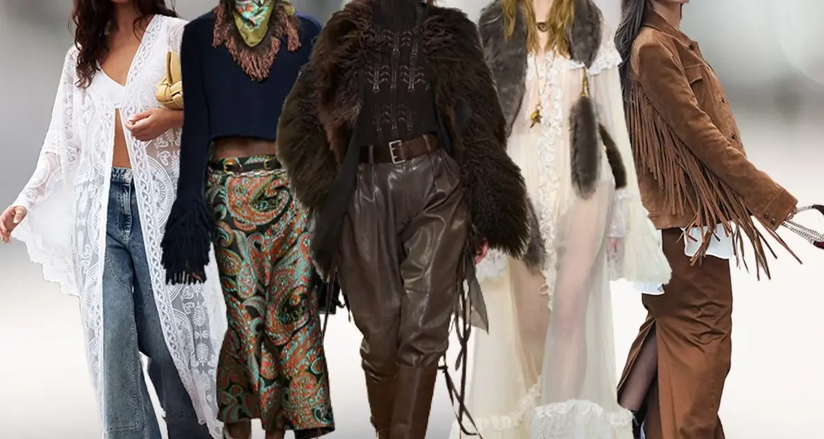 Fünf Models präsentieren Looks im typisch 70er Jahre Stil: Spitzenkimono, Schlaghosen, Ethno-Muster, Leder und Fransenjacken.