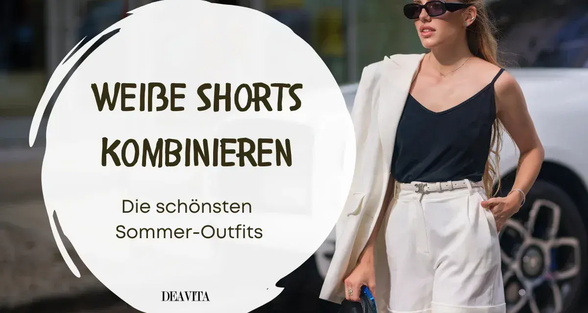 Stylische Frau in weißen Shorts und schwarzem Top, die zeigt, wie man weiße Shorts kombiniert für den perfekten Sommer-Look.