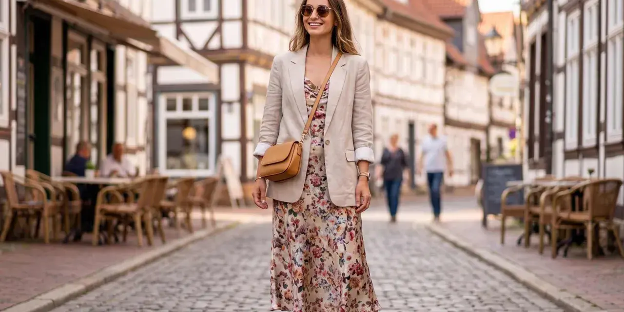 Eine Frau trägt eine leichte Jacke zum geblümten Kleid und weiße Sneaker. Sie steht auf einer Kopfsteinpflasterstraße vor Fachwerkhäusern.