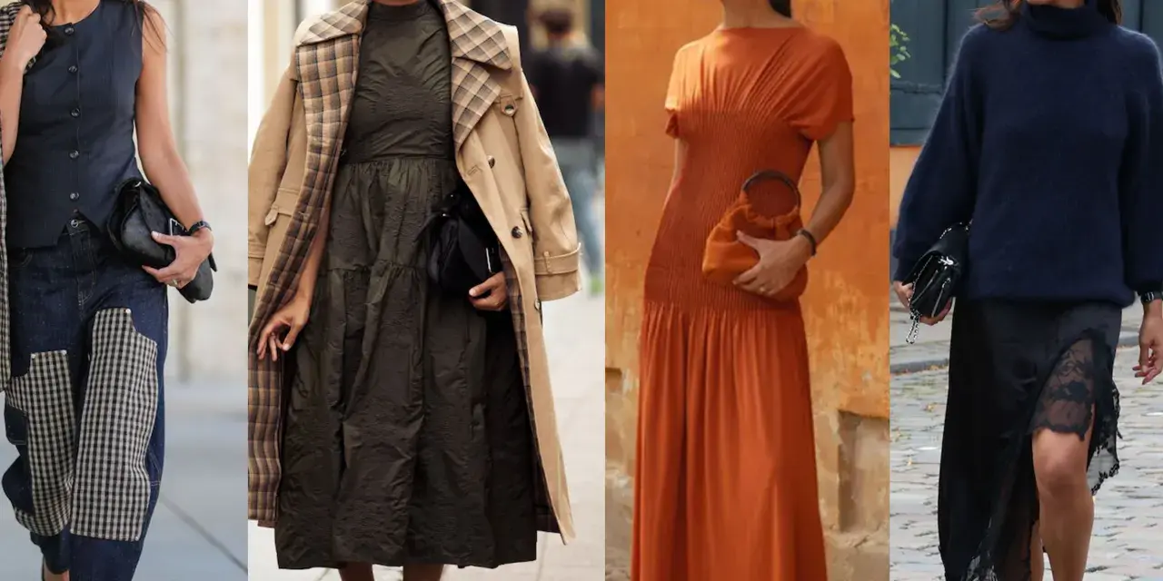 Vier Outfits im copenhagen style: Jeans mit Karomuster, olivgrünes Kleid mit Trenchcoat, orangefarbenes Maxikleid und schwarzer Rollkragenpullover mit Spitzenrock.