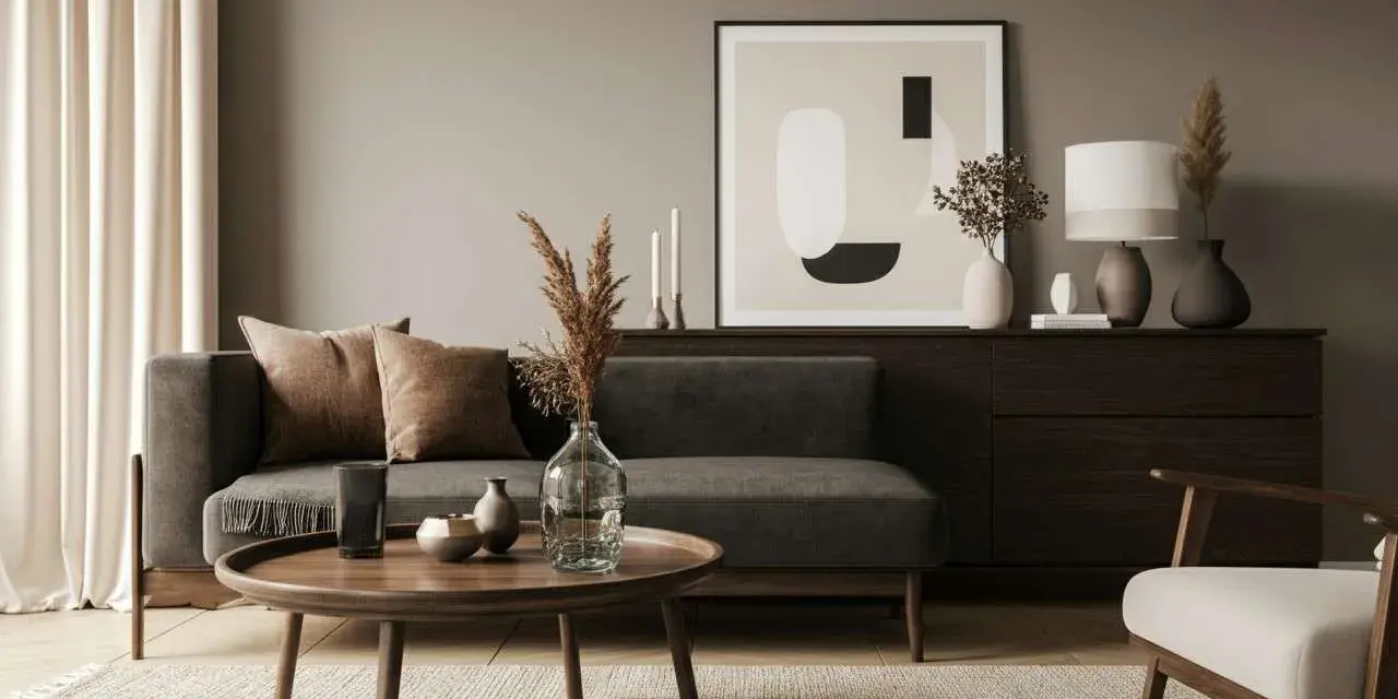 Gemütliches Wohnzimmer: Anthrazit und beige kombinieren. Dunkelgraues Sofa, beiger Teppich, Holzmöbel und dezente Deko.